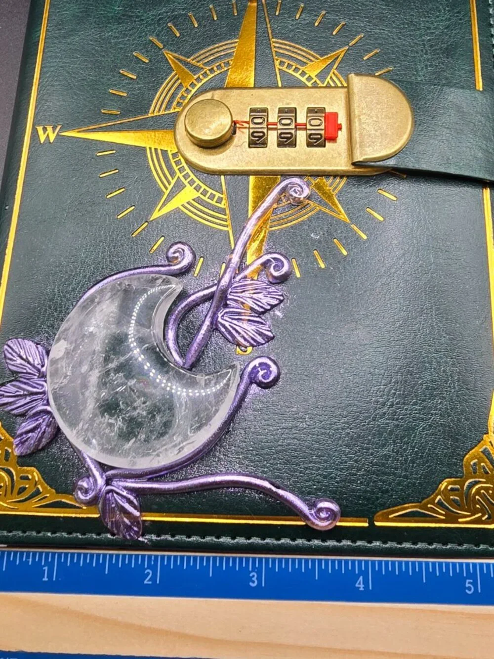 Locking Spell Book Journal | Clear Quartz Crescent Moon & Labradorite Diary